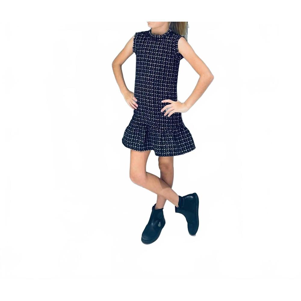 NEW LITTLE OLIN girls' tweed sleeveless ruffle dress in black/silver